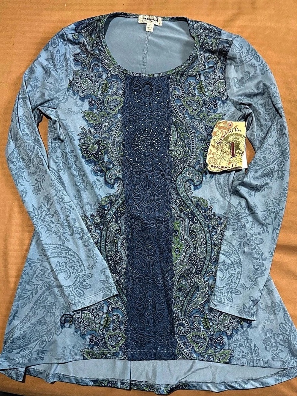 One World Blue Paisley Boho Tunic Top XS NWT